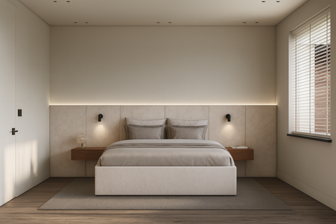 Minimalistisch beige headboard op maat met geïntegreerde wandpanelen en LED-verlichting