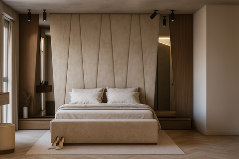 Beige headboard met schuine panelen, op maat ontworpen voor een moderne hotelstijl