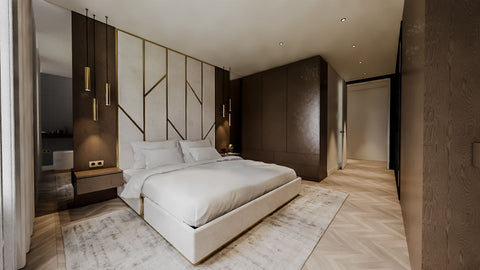 headboards met gouden lijnen en bed in slaapkamer